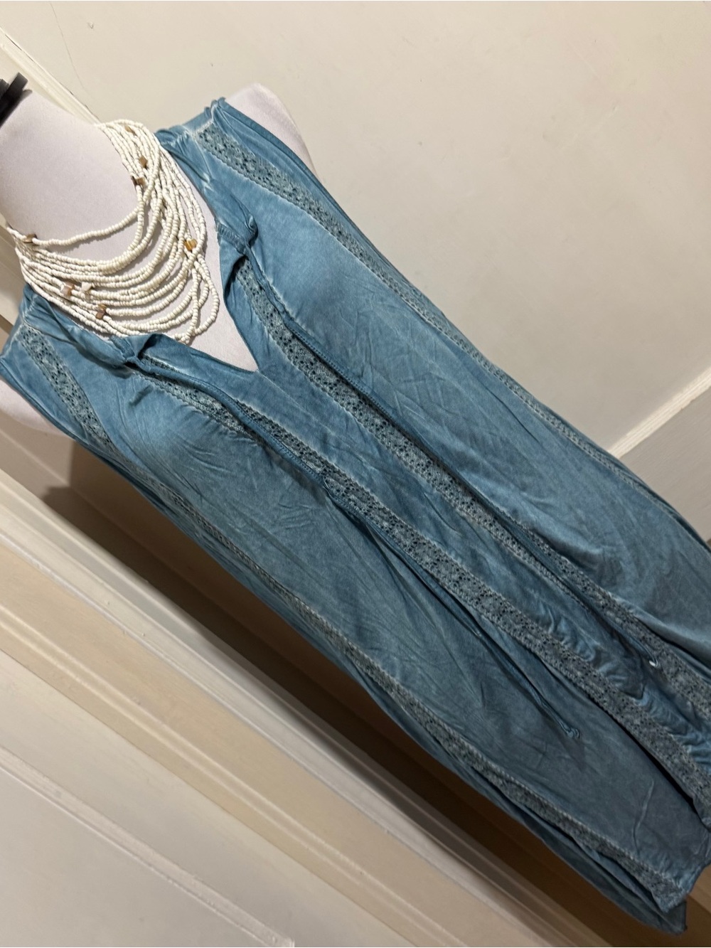 Umgee Light Blue Sleeveless Denim-Style Dress with Lace Trim - Picture 1 of 11